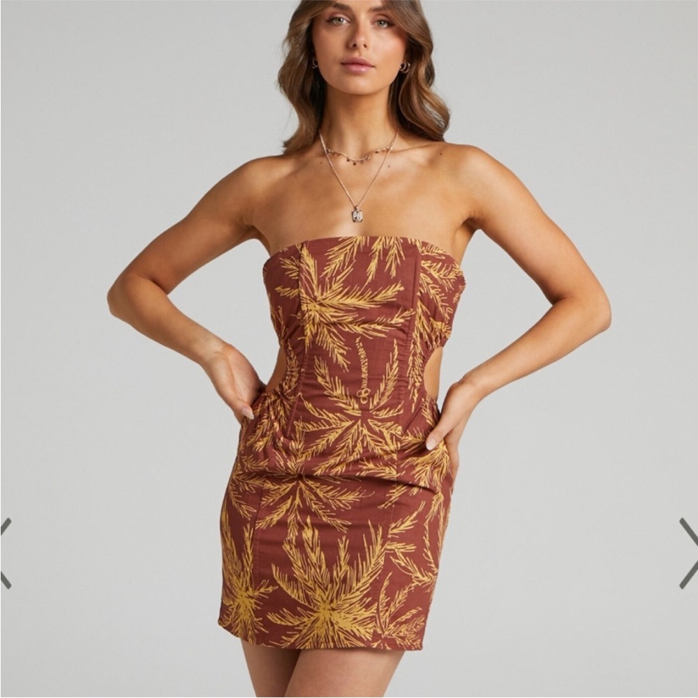 Charlie Holiday Palms Island Tropical Strapless vacation Dress Brown Gold Size 8